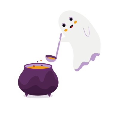 The ghost brews a magic potion. Ghost near the pot holding a kitchen ladle. Vector illustration