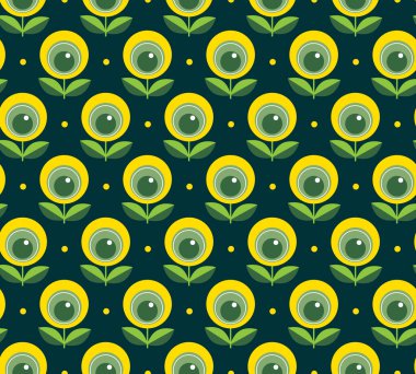 Beautiful stylized sunflower or dandelion flower seamless pattern on dark background. Geometric simple floral pattern for fabrics, textiles, wrapping paper. Vector illustration