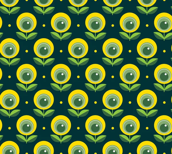 Beautiful stylized sunflower or dandelion flower seamless pattern on dark background. Geometric simple floral pattern for fabrics, textiles, wrapping paper. Vector illustration