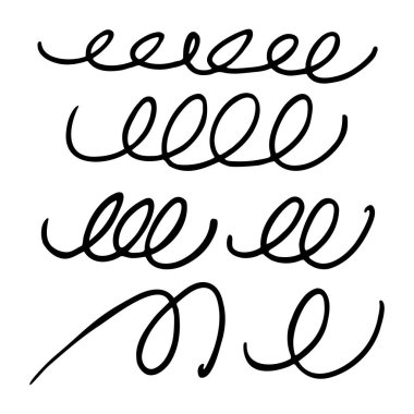 Kalemle çizilmiş girdap ve karalamalı el koleksiyonu. Çizgiler kıvrılmış. Vektör illüstrasyonu