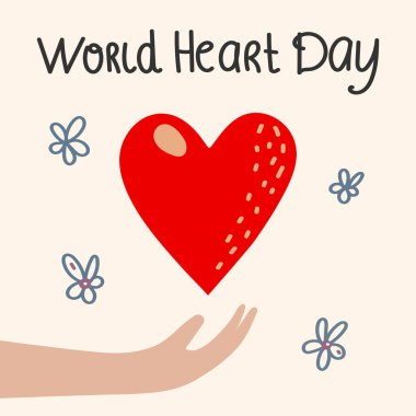 Dünya Kalp Günü. Kalbi tutan eldir. Tıbbi konsept. Poster, afiş, 29 Eylül için el yazısıyla yazılmış bir kart. Vektör illüstrasyonu