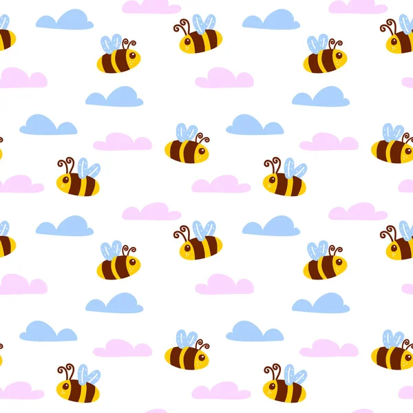 Słodki Charakter Pszczół Niebieskie Różowe Chmury Bezszwowy Wzór Projektowania Tkanin — Wektor stockowy