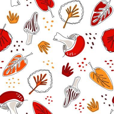 Mantar, mantar, mantar, morel, ot, çalı ve yapraklar tek sıra halinde çizilmiş. Sonbahar çizgisi kusursuz desen. Vektör illüstrasyonu