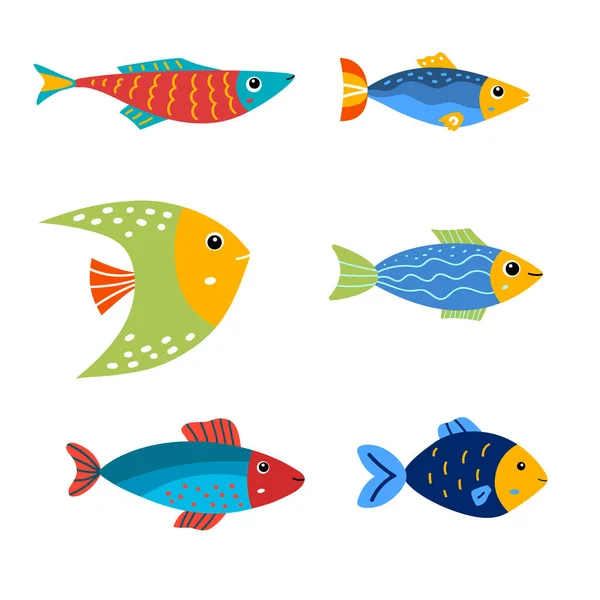 Κινούμενα Ψάρια Συλλογή Από Απομονωμένα Χαριτωμένα Ψάρια Για Παιδικά Προϊόντα — Διανυσματικό Αρχείο