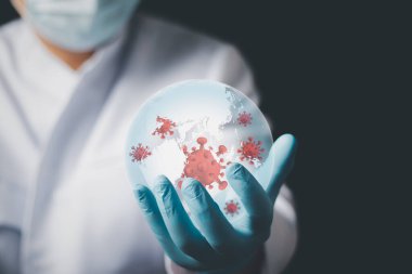 Laboratuvarda virüslü bir dünya tutan doktor ya da bilim adamı, virüslü covid-19 corona virüsü, kavramsal hastalıklar, tıbbi bakım, bilim....