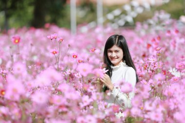 Güzel romantik kadın portresi pembe kozmos çiçekli kozmos çiçeği tarlası, güzel canlı doğal yaz bahçesi açık hava park görüntüsü..
