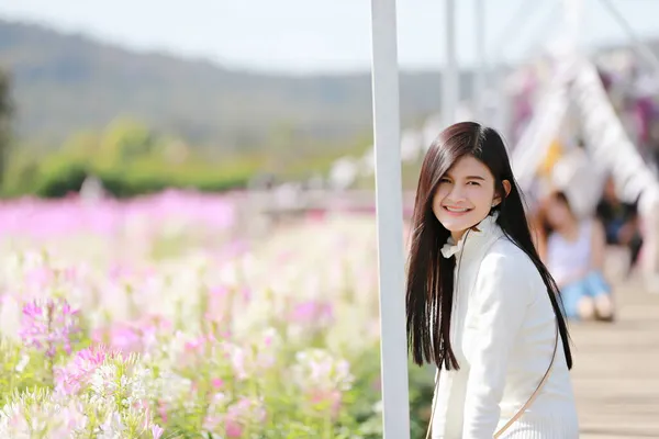 ピンクのコスモスの花のコスモスの花のフィールドで美しいロマンチックな女性の肖像画 美しい鮮やかな自然夏の庭屋外公園のイメージ — ストック写真