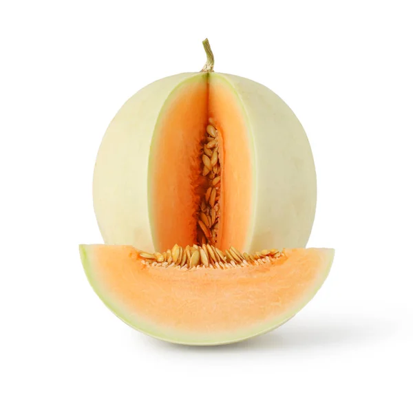 Whole Sliced Japanese Melons Isolated White Background Honey Melon Cantaloupe — Stock Photo, Image