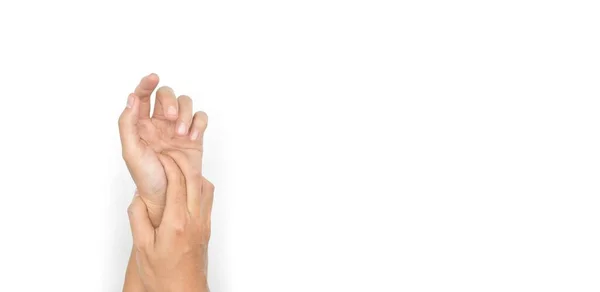 亚洲年轻人手牵手和关节发炎 关节痛或关节炎 肌腱炎和手部问题的概念 — 图库照片