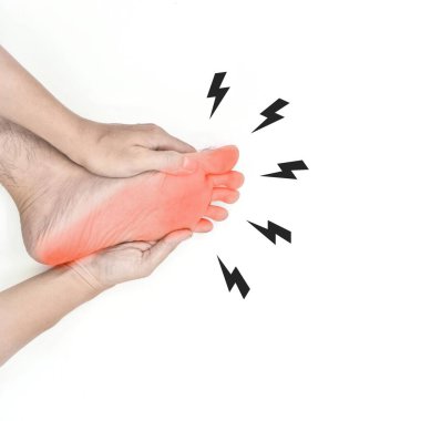 Tingling and burning sensation in foot of Asian young man with diabetes. Sensory neuropathy problems. Foot nerves problems. Plantar fasciitis. Isolated on white. clipart
