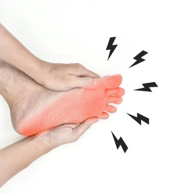 Tingling and burning sensation in foot of Asian young man with diabetes. Sensory neuropathy problems. Foot nerves problems. Plantar fasciitis. Isolated on white. clipart