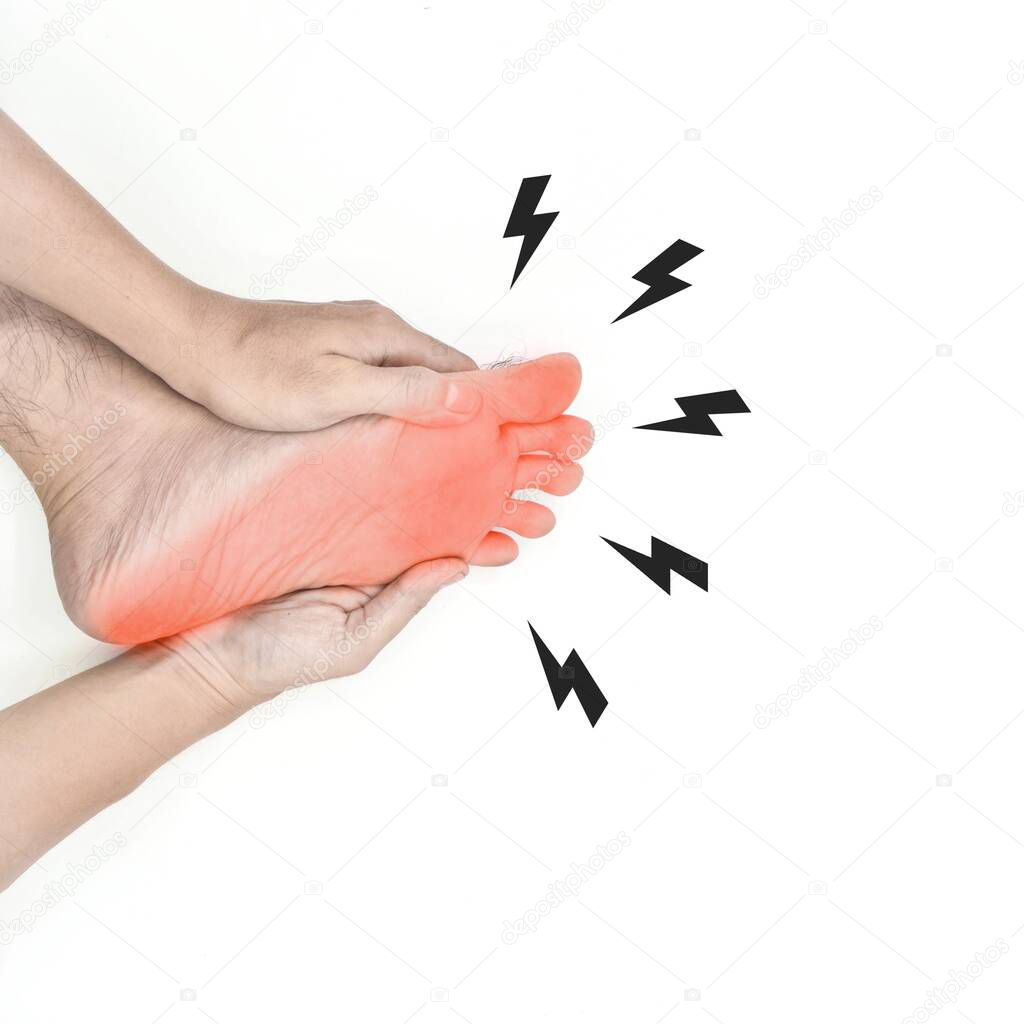 Tingling and burning sensation in foot of Asian young man with diabetes. Sensory neuropathy problems. Foot nerves problems. Plantar fasciitis. Isolated on white.