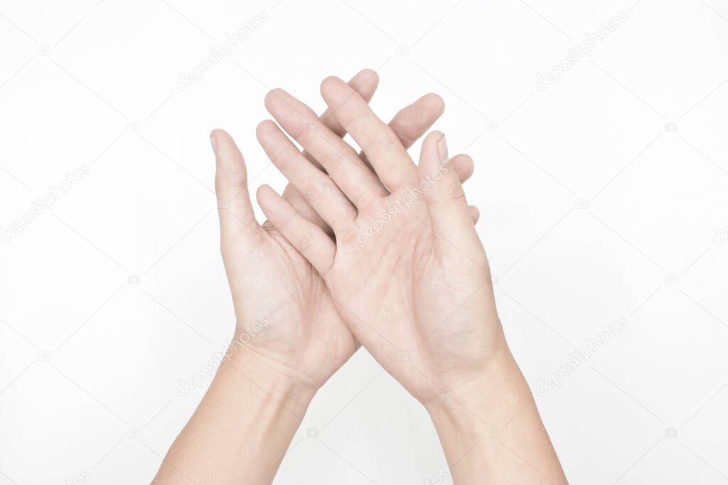 Pale palmar surface of both hands. Anaemic hands of Asian, Chinese man. Isolated on white background.