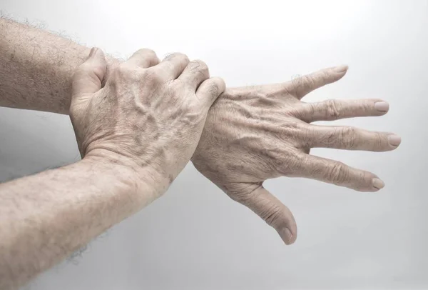 Wrinkles Veins Hand Asian Elder Man Concept Aging Degeneration Skin — Foto de Stock