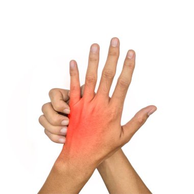 Asian young man scratching his hand. Concept of itchy skin diseases such as scabies, fungal infection, eczema, psoriasis, allergy, etc. clipart
