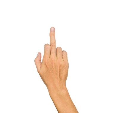 Asyalı genç adamın orta parmağı ve eli. Eklem ağrısı, el sağlığı veya tendon sorunu kavramı.