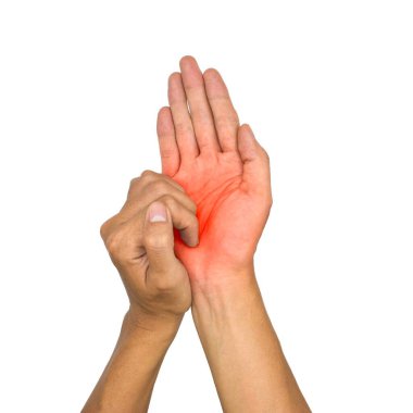 Asian young man scratching his hand. Concept of itchy skin diseases such as scabies, fungal infection, eczema, psoriasis, allergy, etc.