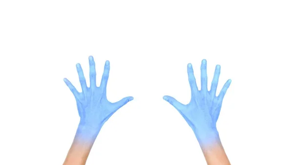Två Öppnade Händer Med Ljusblå Färg Asiatisk Ung Man Begreppet — Stockfoto