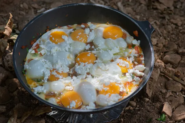 Shakshouka Plato Tradicional Huevos Escalfados Una Salsa Tomates Harissa Aceite Imágenes de stock libres de derechos