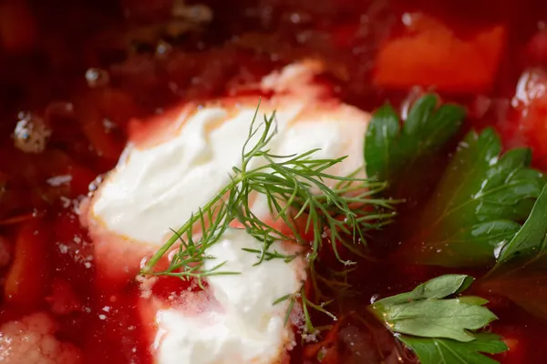 Close Traditional Sour Borscht Soup One Most Famous Dishes Ukrainian — Stock Photo, Image