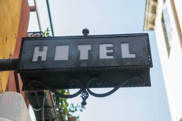 Black Hotel Sign Made Metal Hanging Wall Venice Italy — Stock Photo, Image