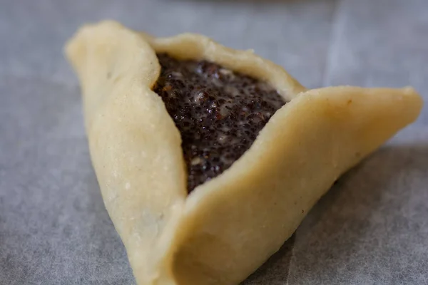 Primo Piano Una Tasca Haman Precotta Nota Anche Come Hamantashen — Foto Stock