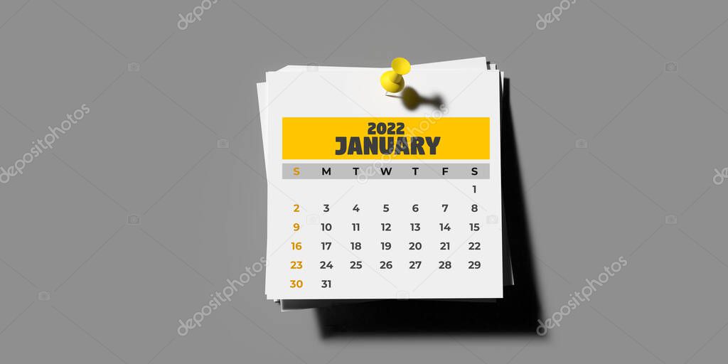 Monthly pinned Calendar 2022 template set: January 2022, 3D rendered pin-up calendar page on grey background with copy space. Horizontal composition. Set of 12 Months. Week starts with Sunday.