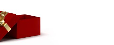 3D altın kurdele, beyaz arka planda kırmızı kare hediye paketi ve büyük kopya alanı. Grafik illüstrasyonunda yan görünüm. Özel tatil etkinlikleri satışı teklifi. Alışveriş hediye kartı..