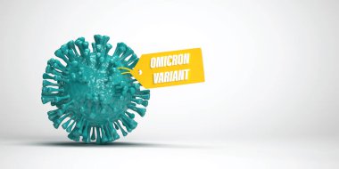 Son dakika: Yeni B.1.529-COVID-19 salgını. WHO yeni mutasyona uğramış virüsü Omicron Varyantı olarak sınıflandırdı. İsim etiketi ve büyük kopya alanı olan yeşil bakteri hücresinin 3D çizimi