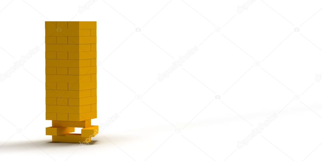 3D rendered wooden bricks piled on top of each other. Famous block removal game. Rise and fall. Group of illustrated block shaped objects in wood material on large empty background with space for additional text message.
