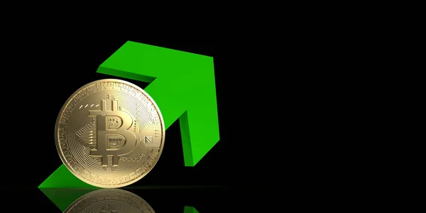 3D üretilmiş kripto para birimi kavramı: Uluslararası borsada yükselen altın BTC bitcoin. Engellenmiş mali bankacılık. Green Arrow yükseliyor. Kripto para birimi yatırımı değer kazanıyor. 