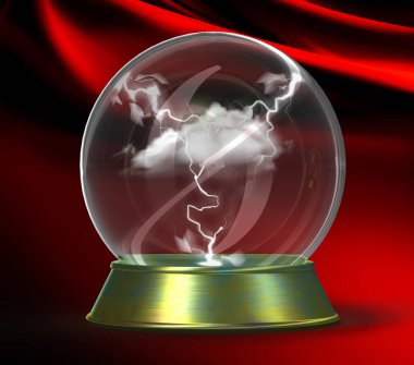 3D rendered Fortune Sphere concept: Cloud and thunder lightning inside crystal ball on golden platform predicting chaotic future. Uncertainty and fear. Dramatic background with copy space.