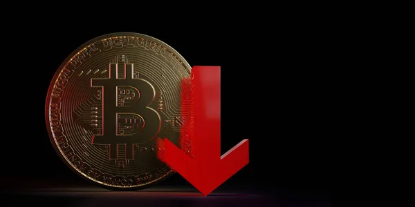 A golden bitcoin falling in international stock markets. Red arrow going down. 3D rendered DeFi cryptocurrency on dark financial background with copy space. Crypto currency investments losing value.