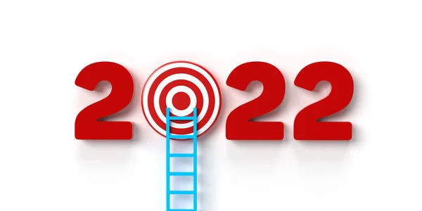 2022年目标概念阶梯 白色背景3D渲染中日历年的红色数字 是一个圆圆的飞镖板 它的圆柱形红白相间 规划目标 — 图库照片