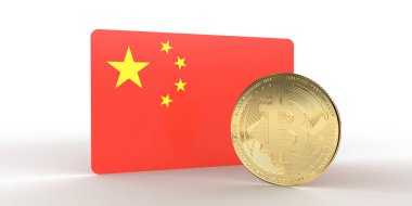 Altın metalik bitcoin kripto para ile Çin ulusal bayrağı. Finansal beyaz arkaplanda kopyalama alanı ile 3D görüntüleme. Çevrimiçi döviz yatırımı illüstrasyonu
