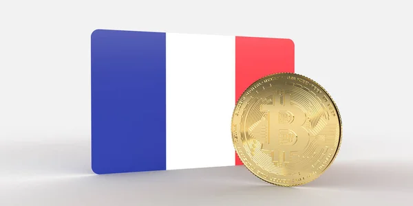 法国国旗与黄金金属比特币加密货币硬币 3D渲染在财务白色背景与复制空间 在线交易所投资说明 虚拟分散资金 — 图库照片