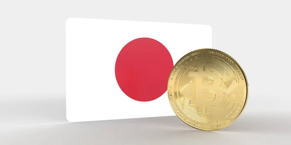 Japońska Flaga Narodowa Japonii Złotą Metaliczną Kryptowalutową Monetą Rendering Finansowym — Zdjęcie stockowe