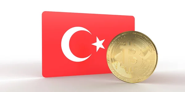 Bandera Nacional Turca Turquía Con Oro Metálico Bitcoin Moneda Criptomoneda — Foto de Stock