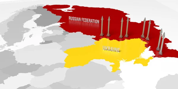 Rusya-Ukrayna savaşı nükleer savaşa dönüştü. Ukrayna, Rusya sınırlarına karşı Avrupa-Asya 3D haritada bombalı. Strateji. Haber, medya ve reklamlar için illüstrasyon.