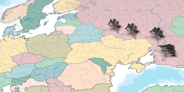 Ukrayna - Rusya Harita Konsepti: Rusya sınırındaki savaş jetleri Ukrayna 'ya ve Avrupa' nın bir kısmına karşı. Çatlak Ukrayna arazisi. Küçük simgeler. Ağır zırhlı askeri hava füzeleri savunma için hazır..