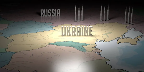 Part of Russia - Ukraine text on map with nuclear weapons. Russian and Europe border. Cracked Ukrainian terrain. Heavily armored military air missiles for defense. Ukraine - Russia War Map concept.