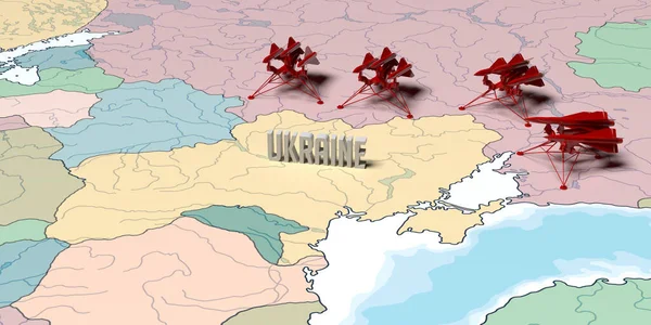 Ukrayna - Rusya Harita Konsepti: Rus sınırındaki Kızıl Savaşçı jetleri Ukrayna 'ya ve Avrupa' nın bir kısmına karşı. Çatlak Ukrayna arazisi. Küçük simgeler. Ağır zırhlı askeri hava füzeleri savunma için hazır..