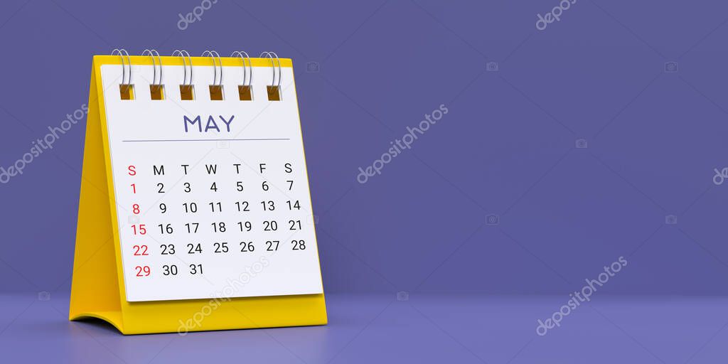 Monthly spiral desktop Calendar 2022 template: May 2022, 3D rendered date planner page on Blue Very Peri background with copy space. Set of 12 Months composition. Week starts with Sunday.