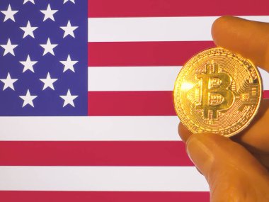 Amerikan bayrağı üzerinde fiziksel olarak altın bir Bitcoin taşıyor. ABD kripto para birimi ve engelleme teknolojisi yatırımcısı. Fotokopi alanı ile finansal geçmiş. Merkezi olmayan sanal para kavramı.