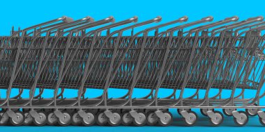 Many Shopping Cart, online delivery service. 3D render empty supermarket push cart. Blue copy space background. Financial crises and rising inflation prices decreasing consume. Sale promotion banner.