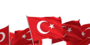 Türkiye Bayram Festivali bayrağı. Beyaz arka planda üç boyutlu Türk bayrakları oluşturuldu. Uzayı kopyala 23 Nisan. 19 Mayıs Atatürk 'ün Anması. 15 Temmuz. 30 Ağustos. 29 Ekim. 