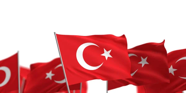 Turkey Bayram holiday festival celebration banner. 3D rendered Turkish flags on white background. Copy space. 23rd April. 19th May Commemoration of Ataturk. 15th July. 30th August. 29th October. 