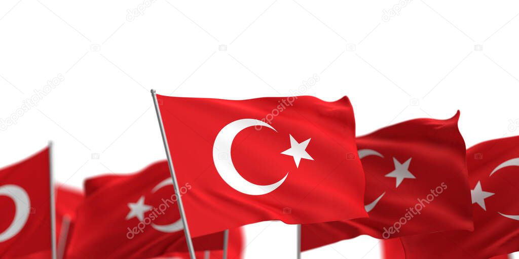 Turkey Bayram holiday festival celebration banner. 3D rendered Turkish flags on white background. Copy space. 23rd April. 19th May Commemoration of Ataturk. 15th July. 30th August. 29th October. 
