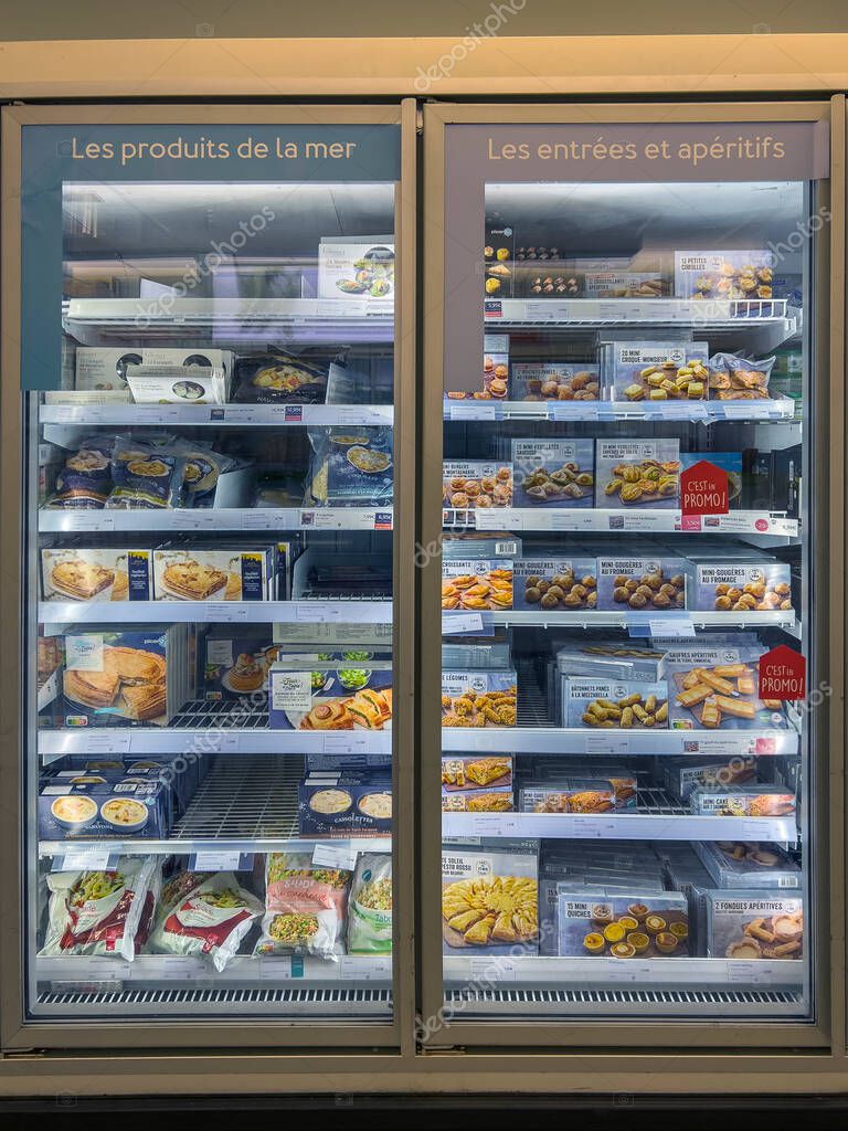 Paris, France - April 6, 2022: Variety of frozen food at supermarket refrigerator. Sea food products in french language 