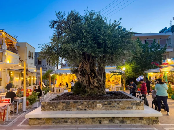 Kos-Yunanistan, 05.31.2022: Kos Adası Şehir Merkezi 'ndeki dükkanlar. Restoranlarla çevrili küçük bir agora meydanının ortasında büyük bir zeytin ağacı..